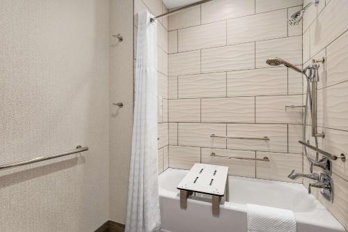 圆石城Embassy Suites by Hilton Round Rock的浴室配有白色浴缸和淋浴。