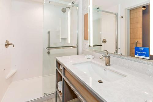 哥伦布Hilton Garden Inn Columbus Easton, Oh的白色的浴室设有水槽和淋浴。