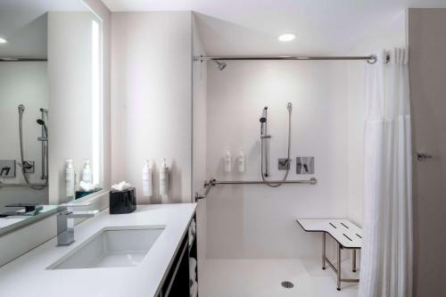 波莫纳Hilton Garden Inn Pomona, CA的白色的浴室设有水槽和淋浴。