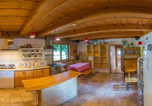 考斯赛力克Chata MTB的大型厨房设有大型木制天花板