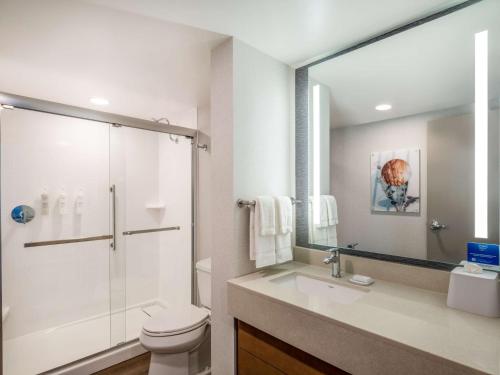 托莱多Homewood Suites By Hilton Toledo Downtown的浴室配有卫生间、淋浴和盥洗盆。
