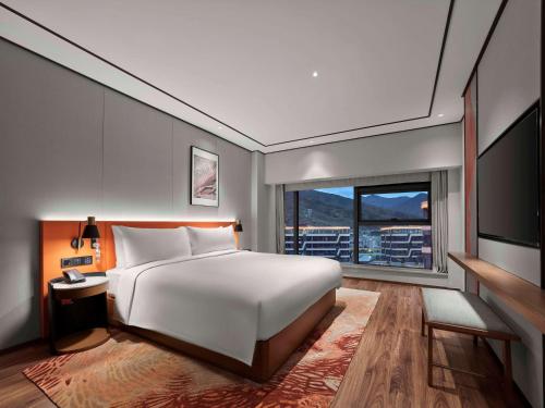 拉萨拉萨天峰希尔顿花园酒店的卧室设有一张白色大床和大窗户