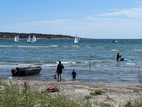 拉尔维克Ny gårdsleilighet i Nevlunghavn的一群人乘帆船在海滩上