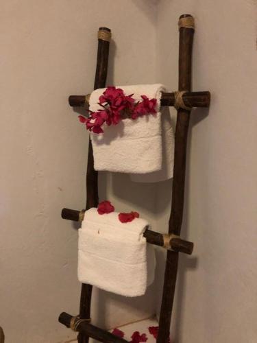 圣米格尔-杜斯米拉格里斯chale aparecida dos milagres的毛巾架,墙上挂着毛巾和鲜花