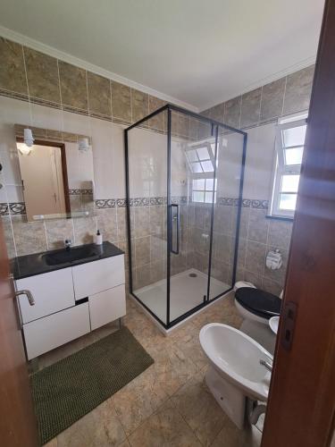 Lajes das FloresVila Flor的带淋浴、盥洗盆和卫生间的浴室