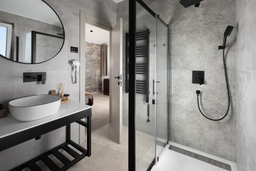 普拉Arena Prestige Rooms的带淋浴、盥洗盆和镜子的浴室
