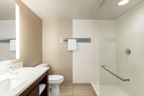 丹佛丹佛樱桃溪原住客栈的浴室配有卫生间、盥洗盆和淋浴。
