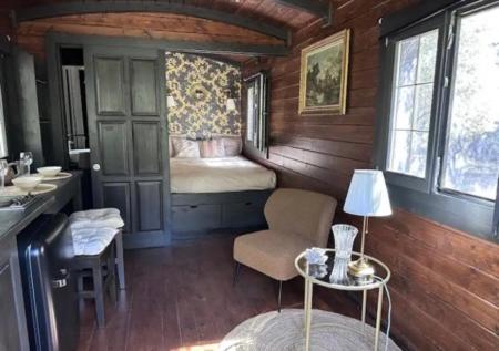 圣雷米普罗旺斯Roulotte / Tiny House dans les Alpilles的卧室配有床和盥洗盆