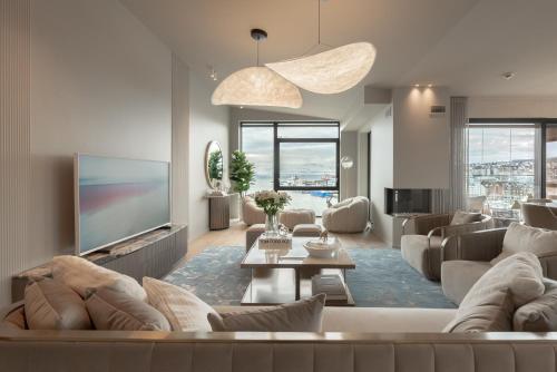特罗姆瑟Vindlys Luxury Penthouse Apartment的带沙发和电视的客厅