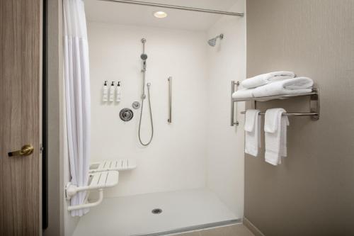 比福德SpringHill Suites by Marriott Atlanta Buford/Mall of Georgia的带淋浴和浴帘的白色浴室