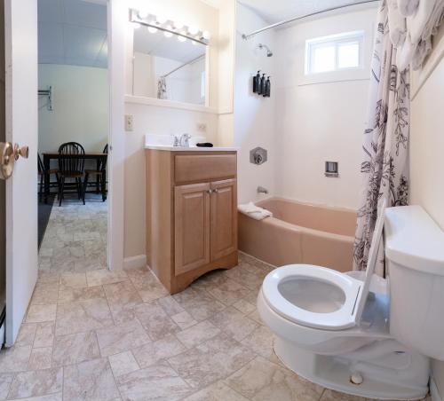 巴港阿卡迪亚松树汽车旅馆 的浴室配有卫生间、盥洗盆和浴缸。