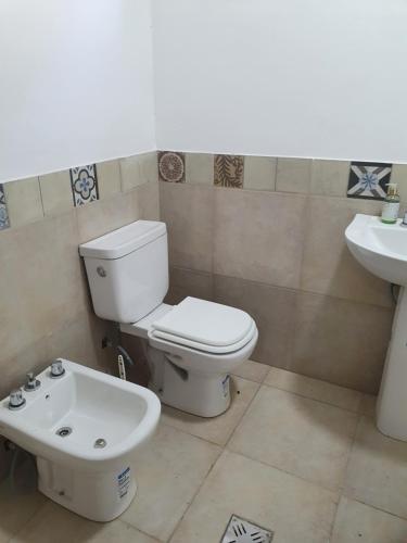 拉里奥哈Cabaña Mis Montañas的一间带卫生间和水槽的浴室