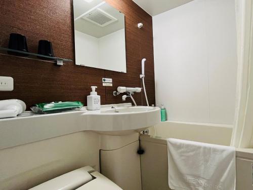 熊谷熊谷路途酒店 的一间带水槽、卫生间和镜子的浴室
