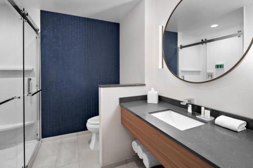 日内瓦湖Fairfield Inn & Suites by Marriott Lake Geneva的一间带水槽、镜子和卫生间的浴室