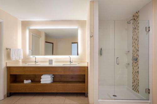 索拉纳海滩圣迭戈德尔马/索拉纳海滩万怡酒店的一间带水槽、镜子和淋浴的浴室