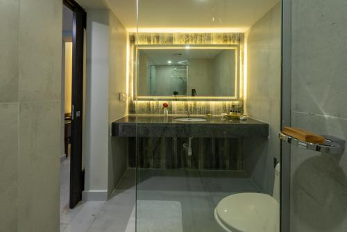罕萨PC Legacy Hunza的一间带水槽、镜子和卫生间的浴室