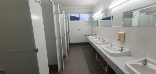TalbingoTalbingo Lodge - Selwyn Accommodation的浴室设有3个水槽和一排镜子