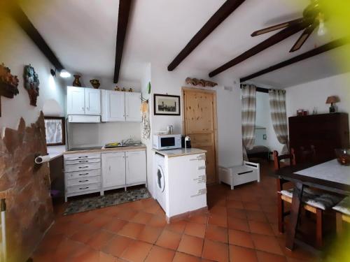 罗迪-加尔加尼科Nonna Elena的厨房配有白色橱柜和带微波炉的桌子。