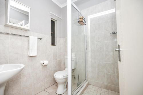 比勒陀利亚Cosy Hatfield Apartment的浴室配有卫生间、盥洗盆和淋浴。