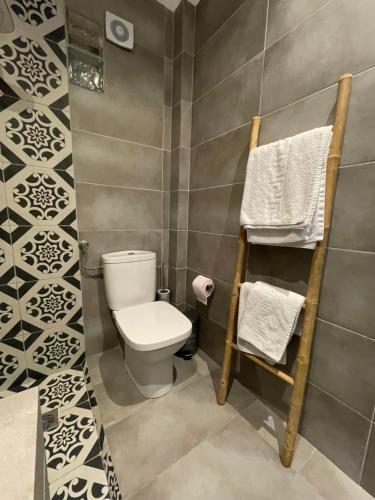佩科霍里Xenios Hotel的一间带卫生间的浴室和墙上的毛巾