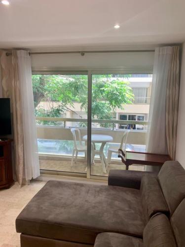昂蒂布Le Roxane 2 bedroom apartment in the city-center of Antibes的带沙发和大窗户的客厅
