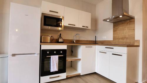 里摩日Les appartements de Louis的厨房配有白色橱柜和黑色用具