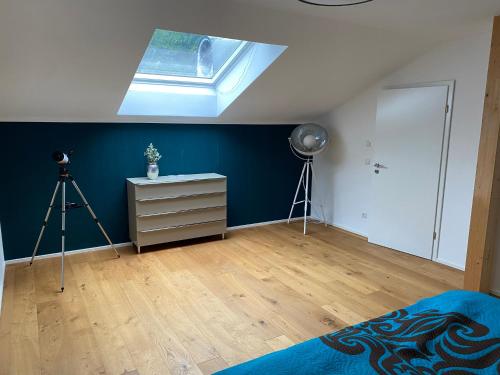 基姆高地区阿绍Alpenland Apartments的一间卧室设有蓝色的墙壁和天窗。
