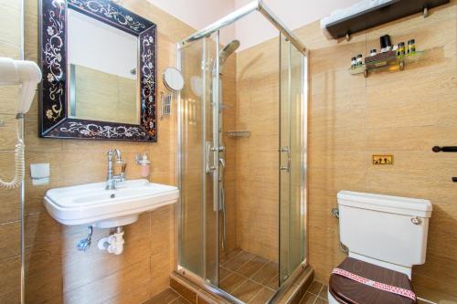 帕特农奥勒亚德斯旅馆的带淋浴、盥洗盆和卫生间的浴室