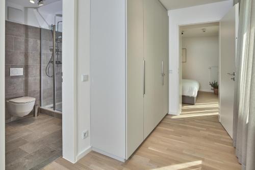 朗格奥Lüttjeod Apartmentvilla Lüttjeod Apartmentvilla 06的一间带步入式淋浴间和卫生间的浴室