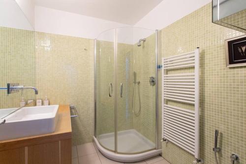 昂蒂布A2 2R Antibes Port terrace sea view/ Parking & AC的带淋浴和盥洗盆的浴室