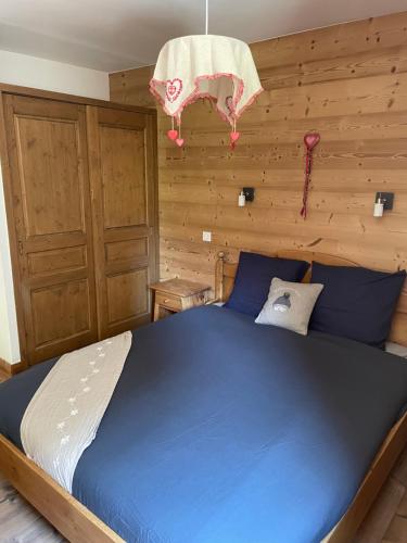 尚帕尼恩瓦努瓦茲T2 vue sur le parc de la vanoise的一间卧室配有一张蓝色的床和木墙