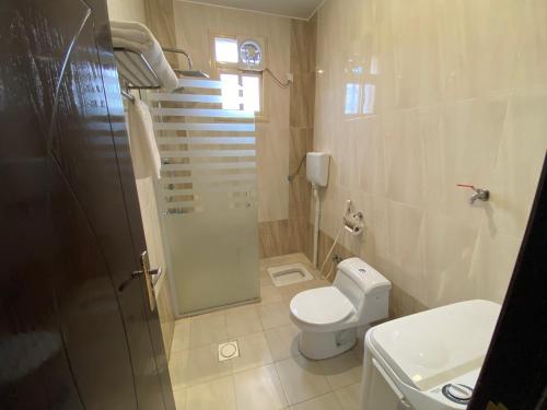 Sūq al Aḩadفندق وايت هافن的带淋浴、卫生间和盥洗盆的浴室