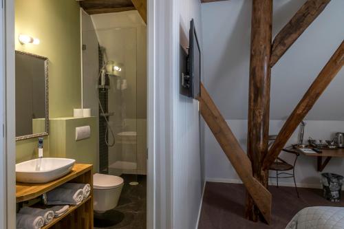 泽伊德拉伦Hotel B&B Hoeve de Vredenhof的一间带水槽和淋浴的浴室