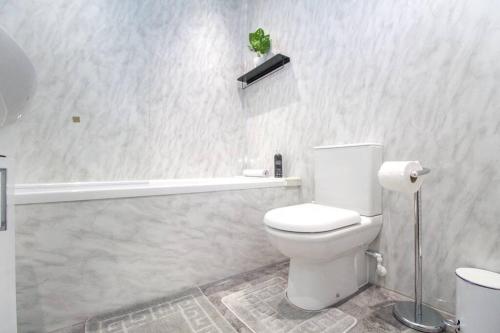 阿伯丁The Ojay's - Gustina Apartment的白色的浴室设有卫生间,墙上挂有植物