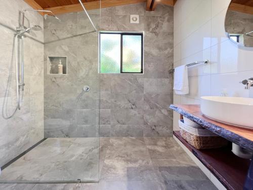 比那隆湾HEXAGON BEACH HOUSE Binalong Bay of Fires Views的带淋浴和盥洗盆的浴室