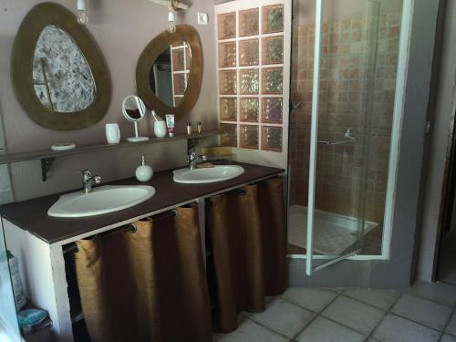 ReilhanetteGîte La Magnanerie的一间带两个盥洗盆和淋浴的浴室