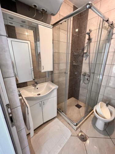 尤塔哈Apartments Apartmani Bojana的带淋浴、盥洗盆和卫生间的浴室
