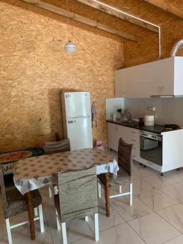 博尔什Shtepi pushimi Ajla的厨房配有桌椅和冰箱。