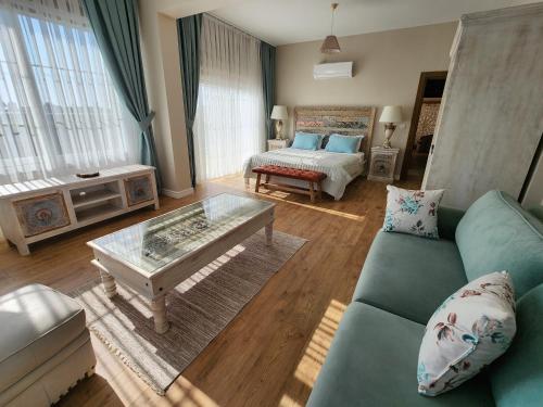库萨达斯Manzara Çiftlik的带沙发和咖啡桌的客厅
