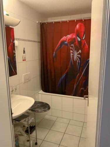苏黎世Lion BB Swiss的浴室设有蜘蛛人淋浴帘
