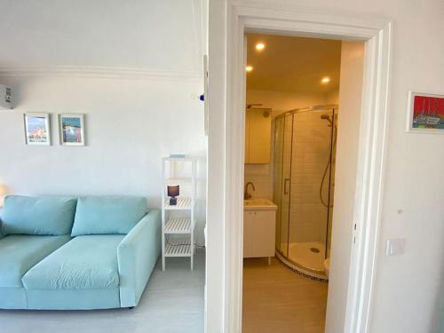 昂蒂布06AT1 - Studio cosy bord de mer situation idéale的一间带蓝色沙发的客厅和一间浴室