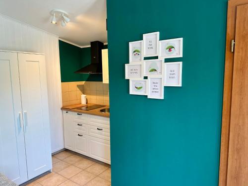 新戈里察Studio Apartma Olive, Nova Gorica, Slovenia的厨房设有蓝色墙壁,墙上挂有图片