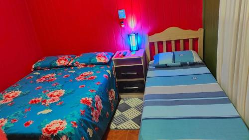 伊瓜苏港Cabaña Teresita的一间卧室配有两张床和一张带书桌的梳妆台。