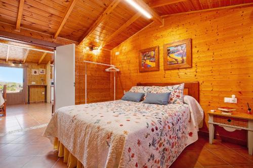 TuinejeLa Casita de Vidal的一间卧室设有一张床和木墙