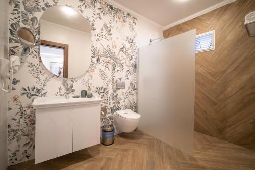 EmecikGreen Garden Datça的一间带卫生间、水槽和镜子的浴室