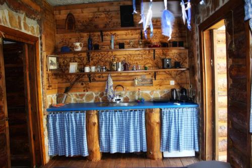 柳布什基Estate - Villa Discovery的小屋内的厨房配有蓝色台面