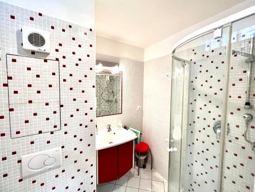 斯尼Apartmán u lesa, Srní 119的一间带红色水槽和淋浴的浴室