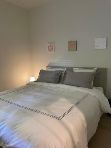 那慕尔Le loft du Castel Mosan的卧室配有带枕头的大型白色床
