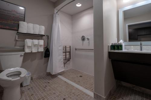 克林顿TownePlace Suites by Marriott Clinton的浴室配有卫生间、淋浴和盥洗盆。