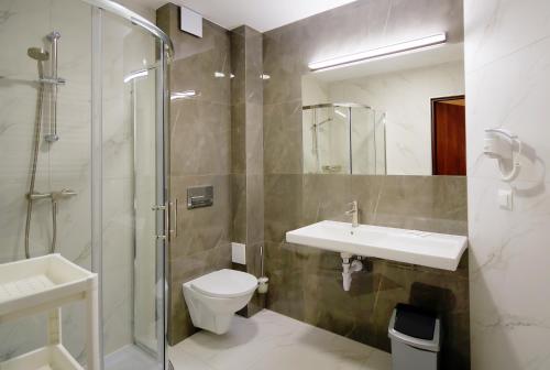 科沃布热格Wistom的浴室配有卫生间、盥洗盆和淋浴。
